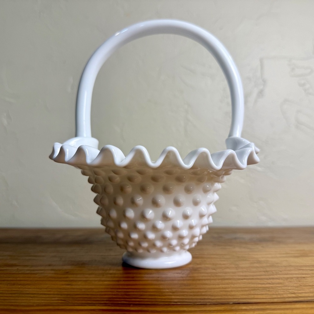Vintage White Milk Glass Hobnail Basket with Handle Ruffled Rim